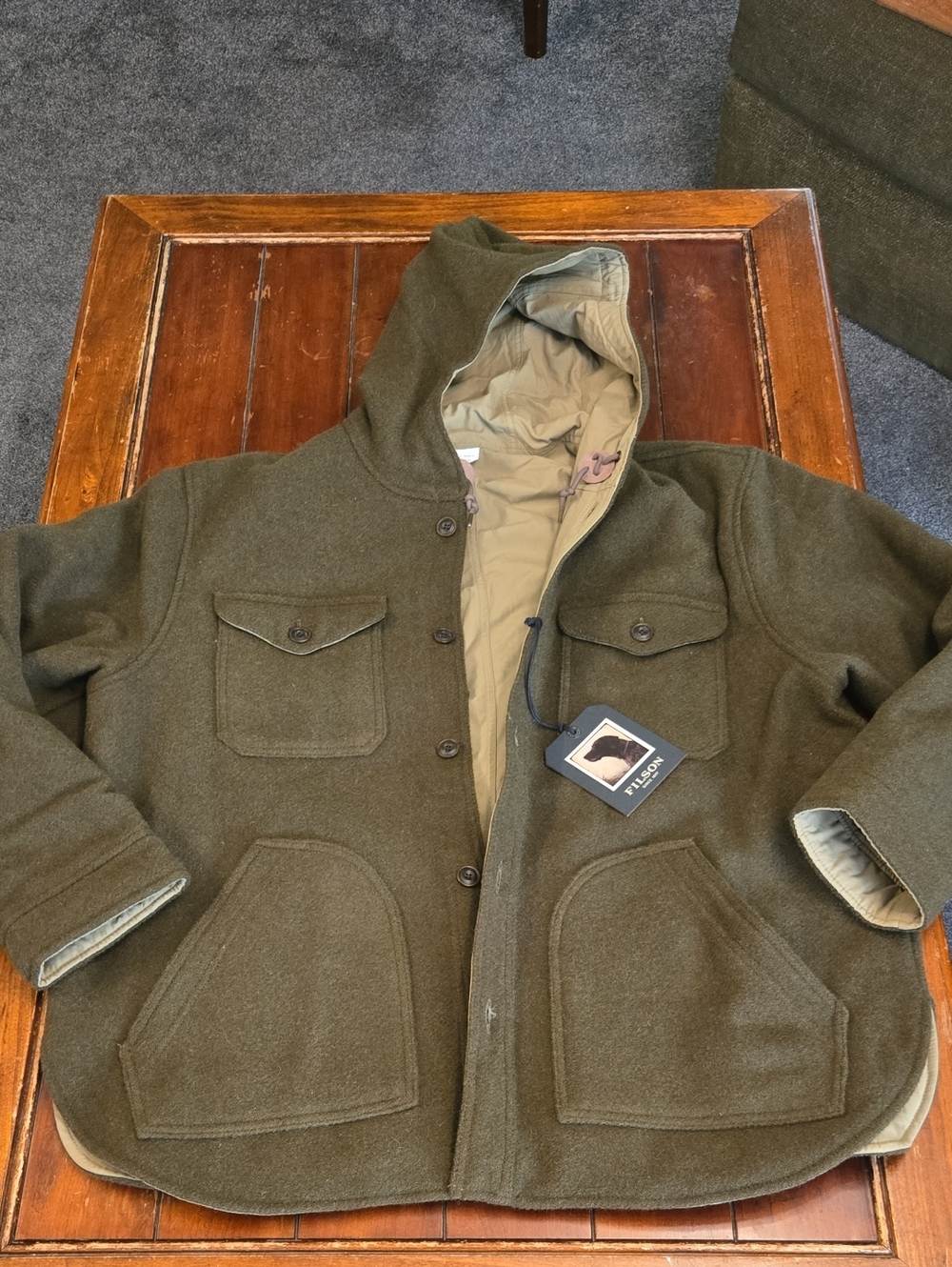 Filson Snohomish Reversible Olive Hooded Wool Field Jacket